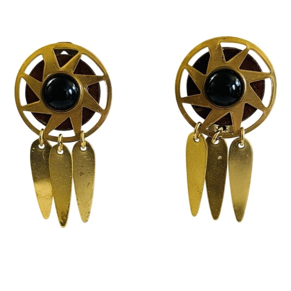 VTG Flashy Gold Earrings Dangle matte Chunky Statement‎ Clip MOD Glass Cabochon